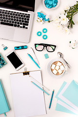 Image showing Still life of fashion woman,  blue objects on white