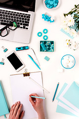 Image showing Still life of fashion woman,  blue objects on white