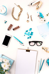 Image showing Still life of fashion woman,  blue objects on white