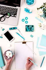 Image showing Still life of fashion woman,  blue objects on white