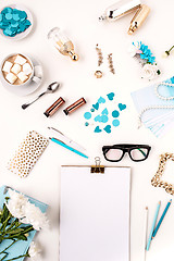 Image showing Still life of fashion woman,  blue objects on white