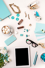 Image showing Still life of fashion woman,  blue objects on white