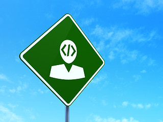 Image showing Programming concept: Programmer on road sign background