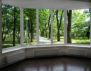 Image showing plastic window with view of city park