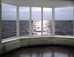 Image showing plastic window with view of evening lake Sivash