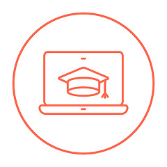 Image showing Laptop with graduation cap on screen line icon.