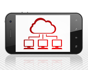 Image showing Cloud networking concept: Smartphone with Cloud Network on display