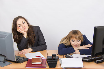 Image showing Two young office worker sleeping on the job