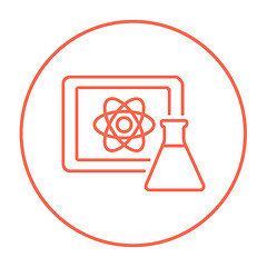 Image showing Atom sign drawn on board and flask line icon.