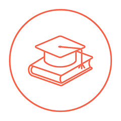 Image showing Graduation cap laying on book line icon.
