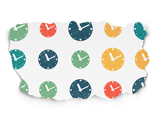 Image showing Timeline concept: Clock icons on Torn Paper background