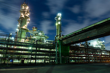 Image showing Complex network of pipes in factory at night