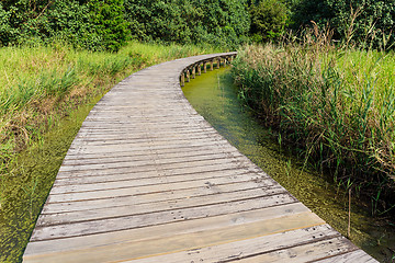 Image showing Wooden bridge across the lake 