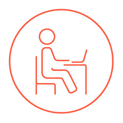 Image showing Student sitting on chair in front of laptop line icon.