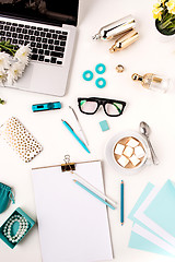 Image showing Still life of fashion woman,  blue objects on white