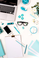 Image showing Still life of fashion woman,  blue objects on white