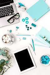 Image showing Still life of fashion woman,  blue objects on white