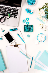 Image showing Still life of fashion woman,  blue objects on white