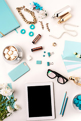 Image showing Still life of fashion woman,  blue objects on white