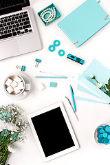 Image showing Still life of fashion woman,  blue objects on white