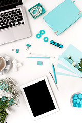 Image showing Still life of fashion woman,  blue objects on white