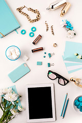 Image showing Still life of fashion woman,  blue objects on white