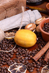 Image showing Vintage still life with coffee beans on wooden background