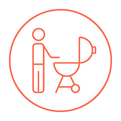 Image showing Man at kettle barbecue grill line icon.