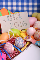 Image showing Easter background with eggs, ribbons and spring decoration