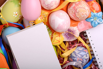 Image showing Easter background with eggs, ribbons and spring decoration