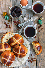 Image showing Coffee with English Easter buns. Breakfast.