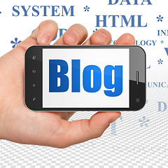 Image showing Web development concept: Hand Holding Smartphone with Blog on display