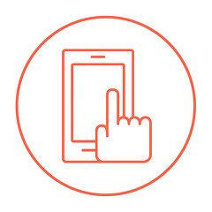 Image showing Finger pointing at smart phone line icon.