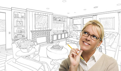 Image showing Woman With Pencil Over Living Room Design Drawing