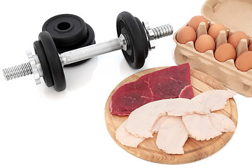 Image showing Dumbbells and Body Building Food