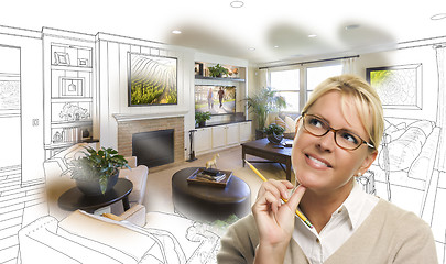 Image showing Woman With Pencil Over Living Room Design Drawing and Photo