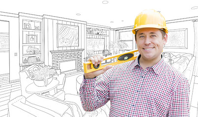 Image showing Contractor in Hard Hat Over Custom Living Room Drawing