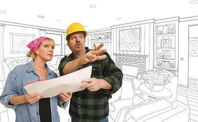 Image showing Contractor Talking Plans With Woman Over Custom Living Room Draw