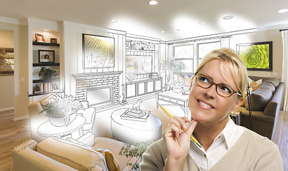 Image showing Woman With Pencil Over Living Room Design Drawing and Photo