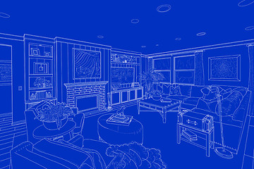 Image showing White Line Drawing On Blue of a Custom Living Room