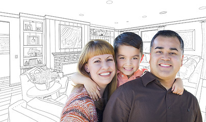 Image showing Young Mixed Race Family Over Living Room Drawing On White