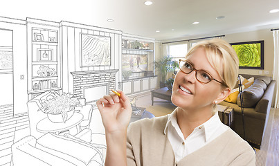 Image showing Woman With Pencil Over Living Room Design Drawing and Photo