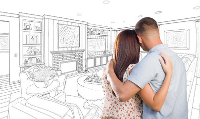 Image showing Military Couple Looking Over Custom Living Room Design Drawing