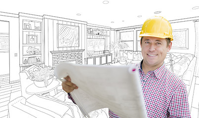 Image showing Contractor Holding Blueprints Over Custom Living Room Drawing