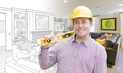 Image showing Contractor in Hard Hat Over Living Room Drawing and Photo