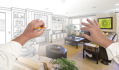 Image showing Hands Drawing Living Room Design Gradating Into Photograph