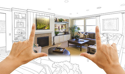 Image showing Hands Framing Custom Living Room Drawing Photograph Combination