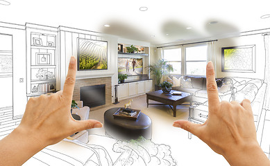 Image showing Hands Framing Custom Living Room Drawing Photograph Combination