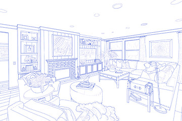 Image showing Blue Line Drawing of a Custom Living Room