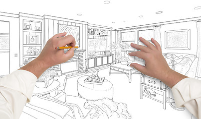 Image showing Hands Drawing Custom Living Room Design on White